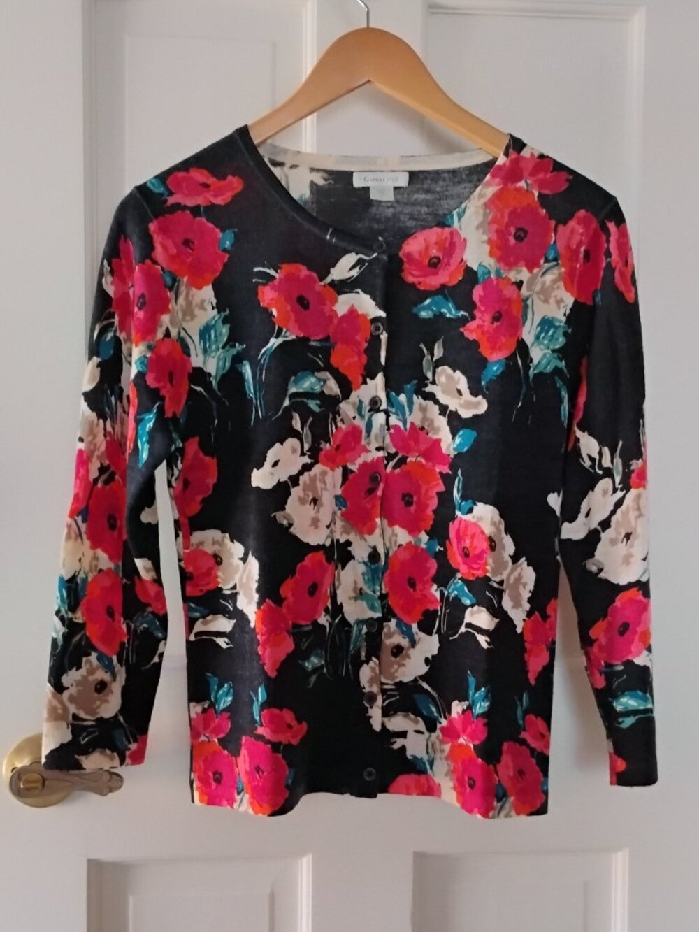 Garnet Hill Merino Wool Poppies 3/4 Sleeve Cardigan Sweater Size L in VGUC
